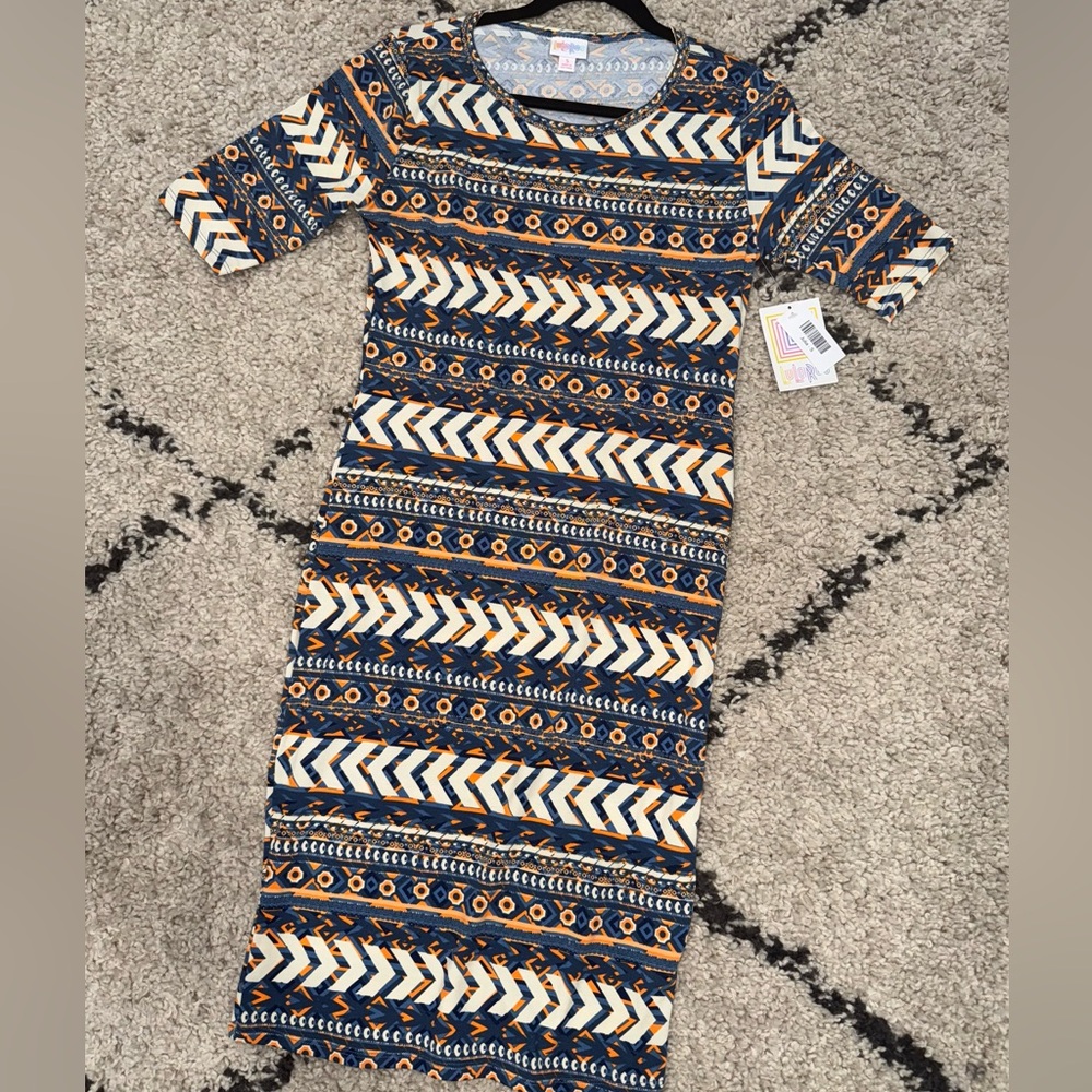 NWT- LulaRoe Julia style Patterned Blue and Orange Women's Dress